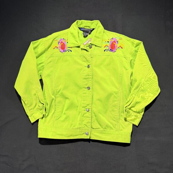 IB Diffusion VINTAGE Women's Denim Jacket Size 10 Bright Green Embroidered - Picture 2 of 10